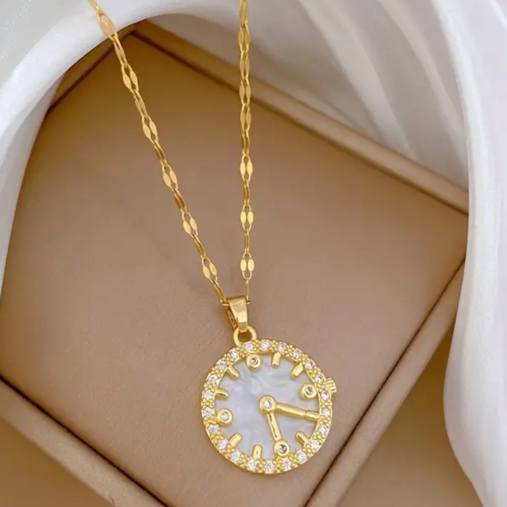 Glam Shell Dial Pendant Necklace with Cubic zirconia Accents, Gold Tone Chain